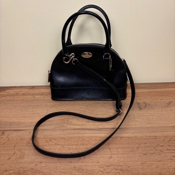 COACH Mini Cora Black Leather Dome Satchel Handbag Purse Crossbody Bag Designer - Picture 1 of 16